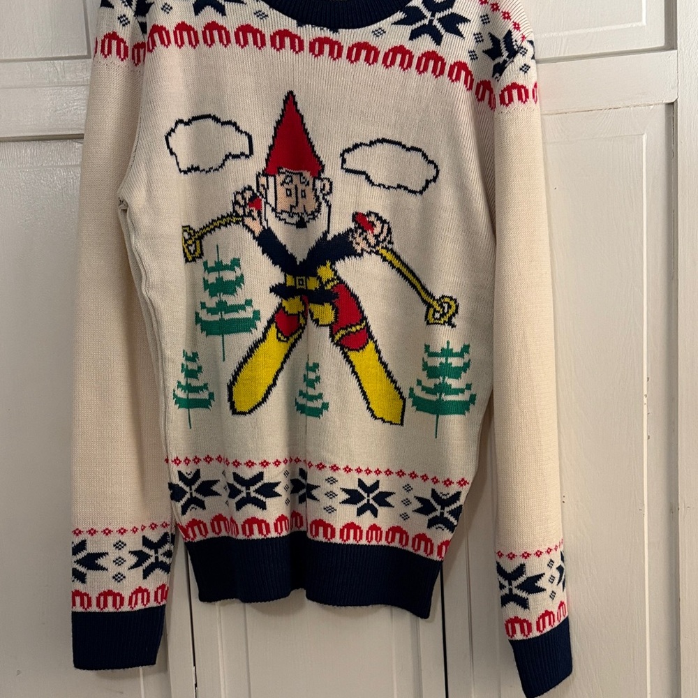 Junk Food Clothing Cream Sweater with Skiing Gnome
